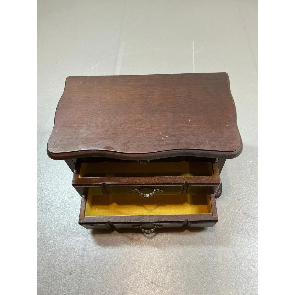 Vintage Illinois Musical Jewelry Box Solid Wood 3 Drawer Mirror Yellow Lining